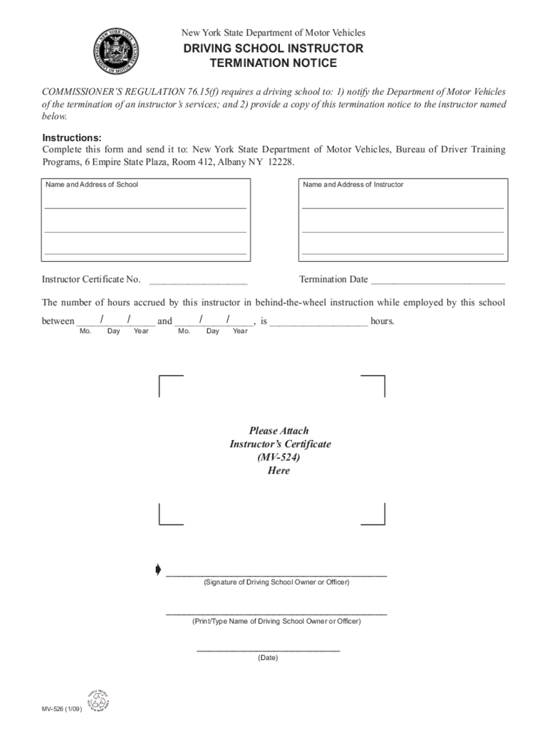 Form MV-526 - Driving School Instructor Termination Notice - New York