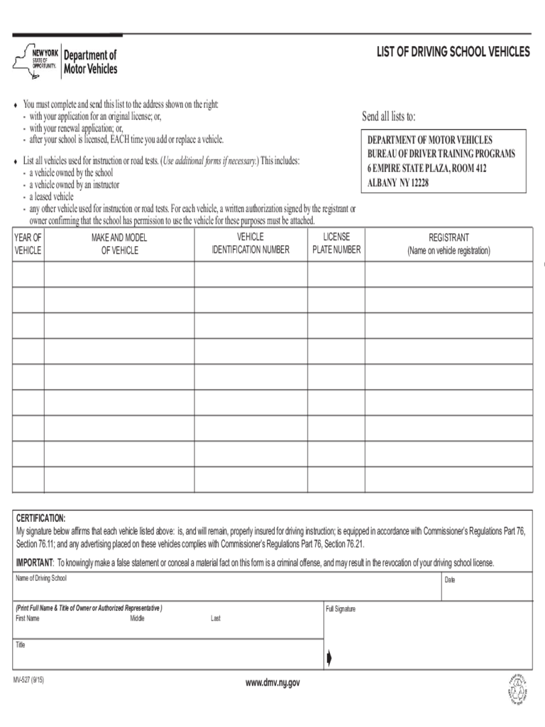 Form MV-527 - List of Driving School Vehicles - New York
