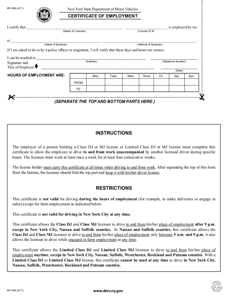 Form MV-58A - Certificate of Employment - New York
