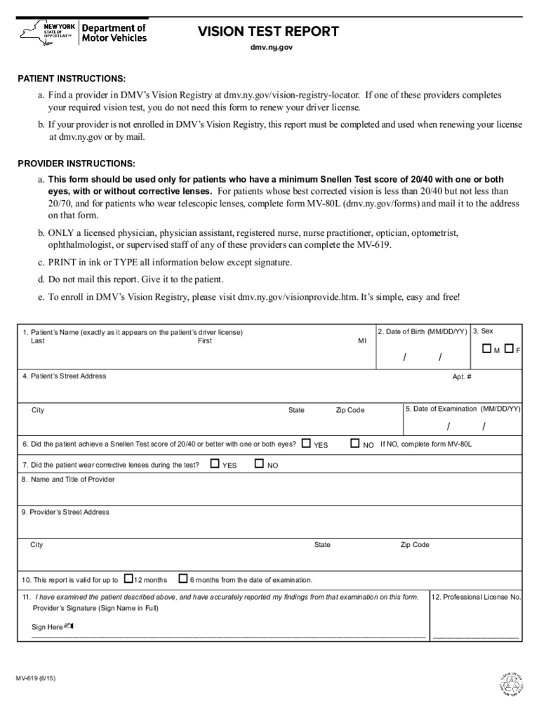 Form MV-619 - Vision Test Report - New York