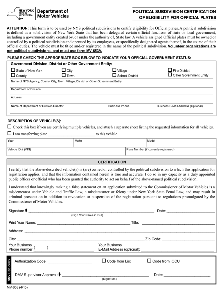 Form MV-653 - Certification of Eligibility for Official Plates - New York