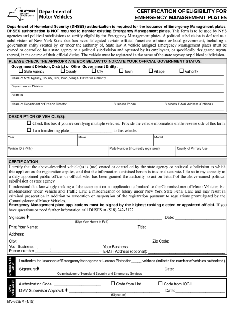 Form MV-653EM - Certification of Eligibility for Emergency Management Plates - New York