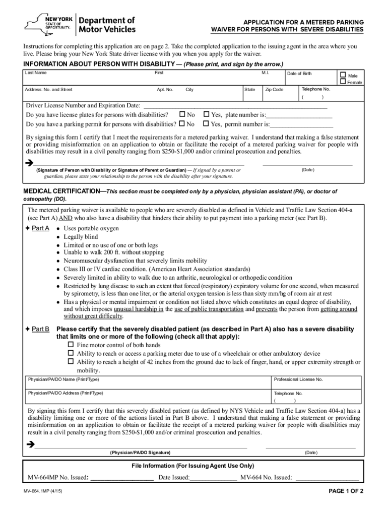Form MV-664.1MP - Application for a Metered Parking Waiver - New York