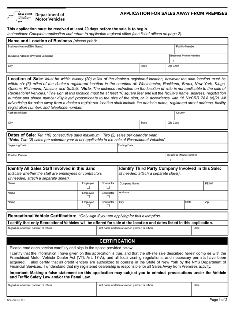 Form MV-700 - Application for Sales Away from Premises - New York