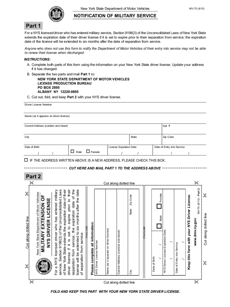 Form MV-75 - Notification of Military Service - New York