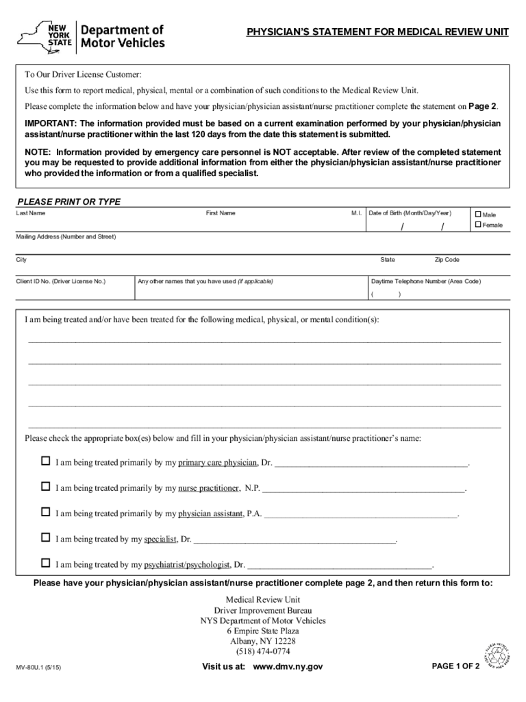 Form MV-80U.1 - Physician's Statement for Medical Review Unit - New York