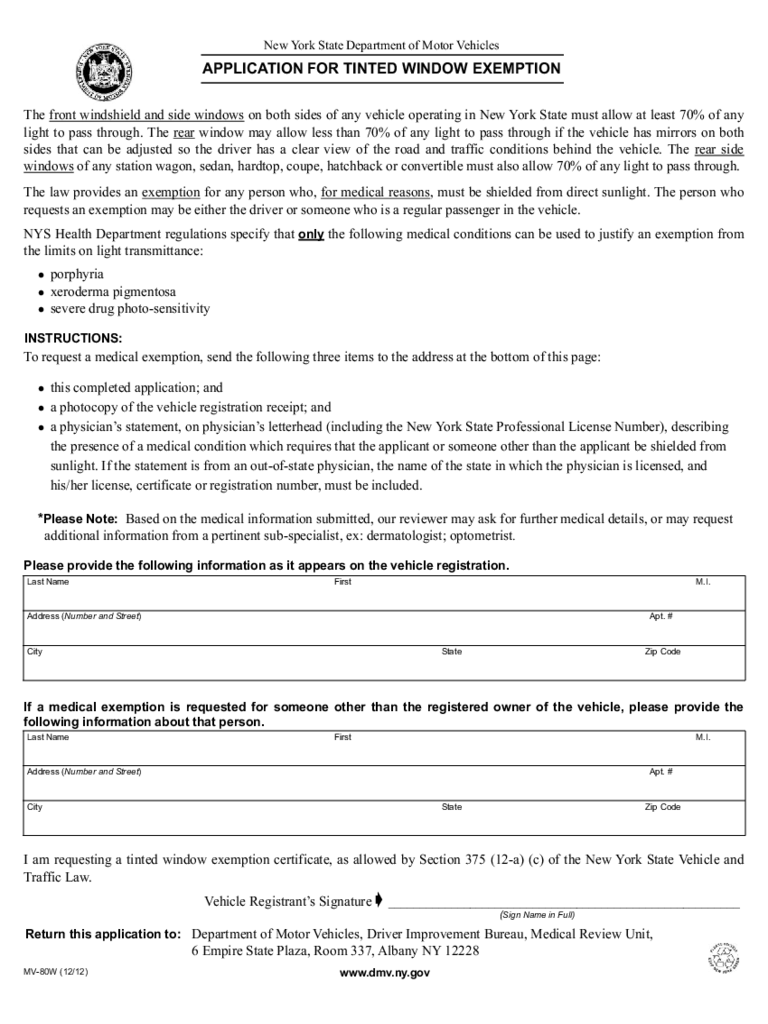 Form MV-80W - Application for Tinted Window Exemption - New York