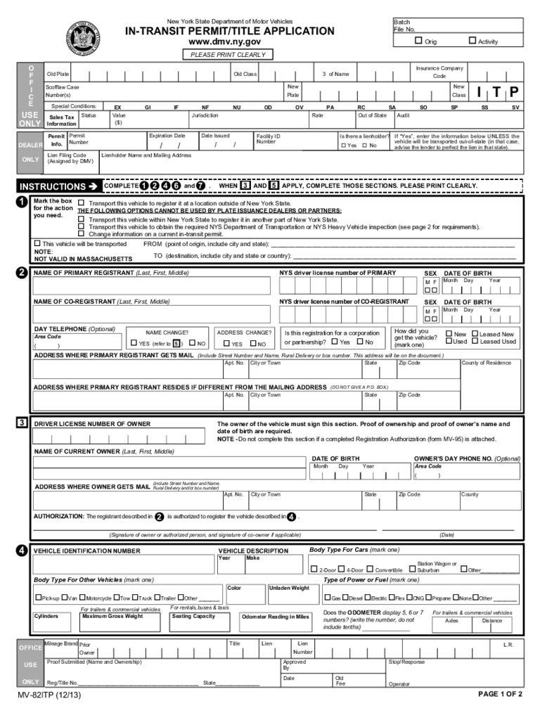 Form MV-82ITP - In-Transit Permit/Title Application - New York