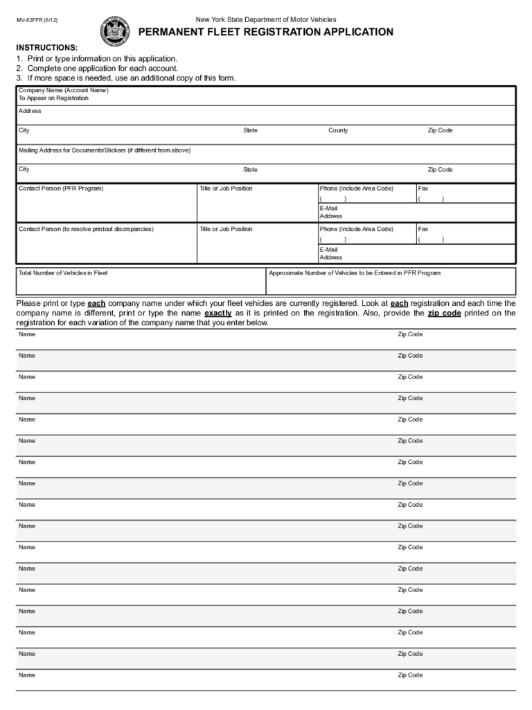 Form MV-82PFR - Permanent Fleet Registration Application - New York