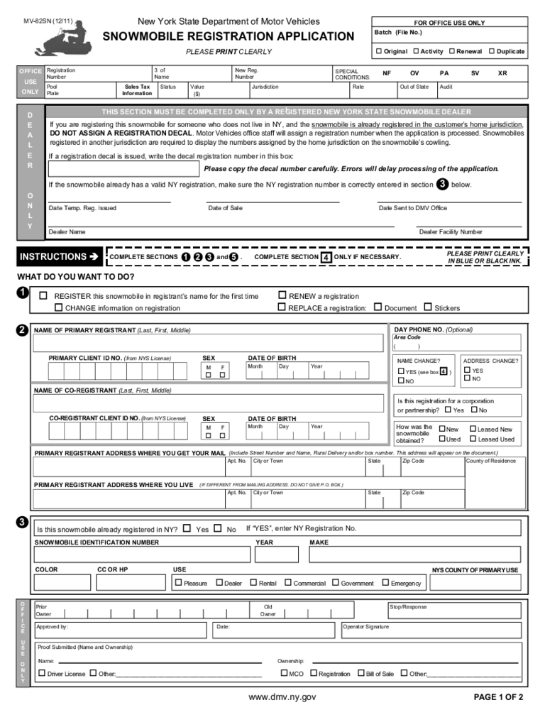 Form MV-82SN - Snowmobile Registration Application - New York