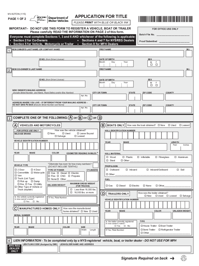 Form MV82TON Application for Title New York Edit, Fill, Sign