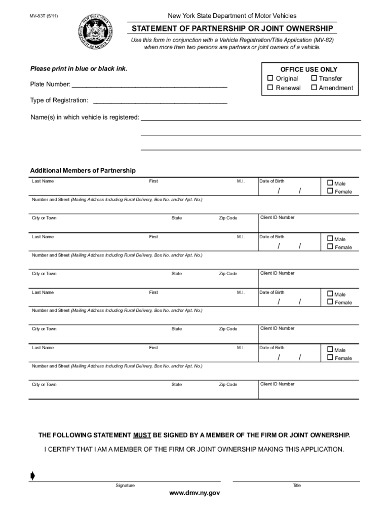 Form MV-83T - Statement of Partnership or Joint Ownership - New York