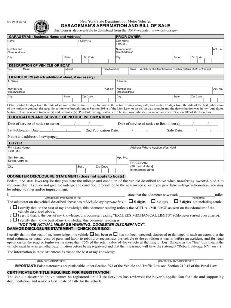 Form MV-901B - Garageman's Affirmation and Bill of Sale - New York