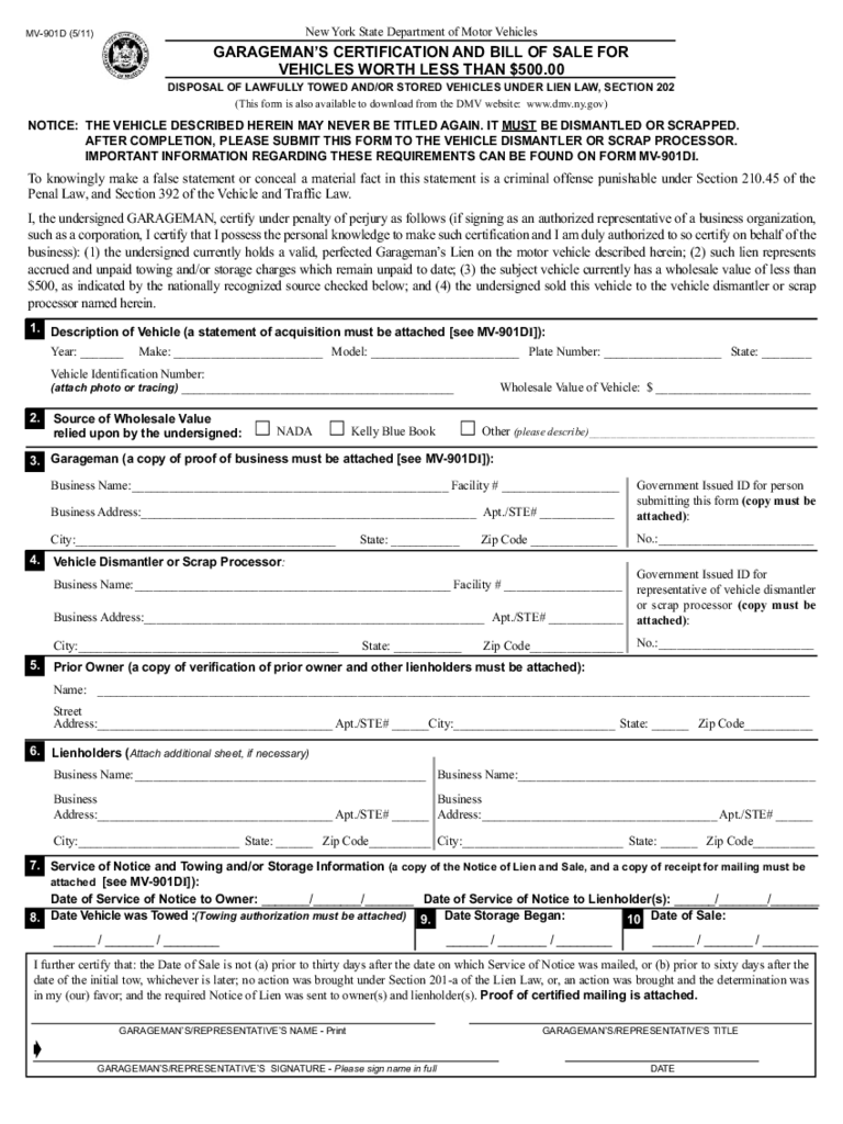Form MV-901D - Garageman's Certification and Bill of Sale - New York