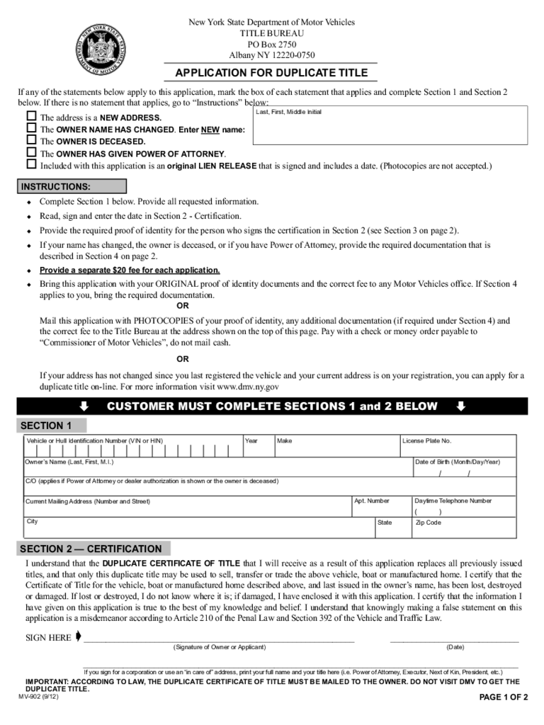 Form MV-902 - Application for Duplicate Title - New York