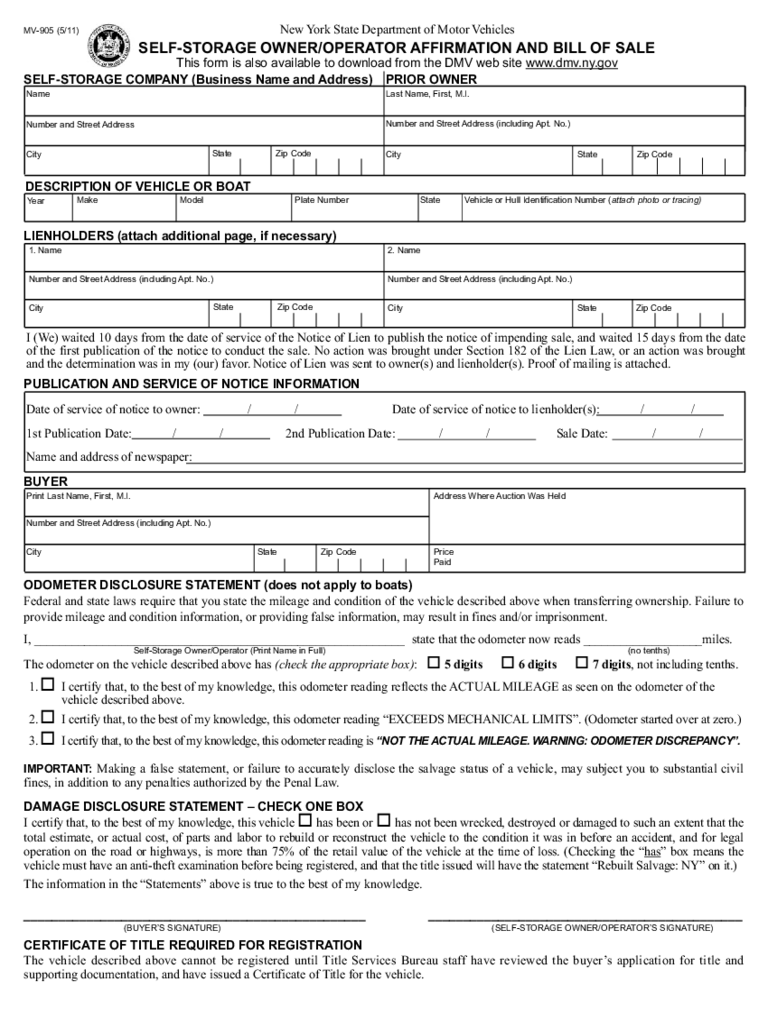 Form MV-905 - Self-Storage Owner Affirmation and Bill of Sale - New York
