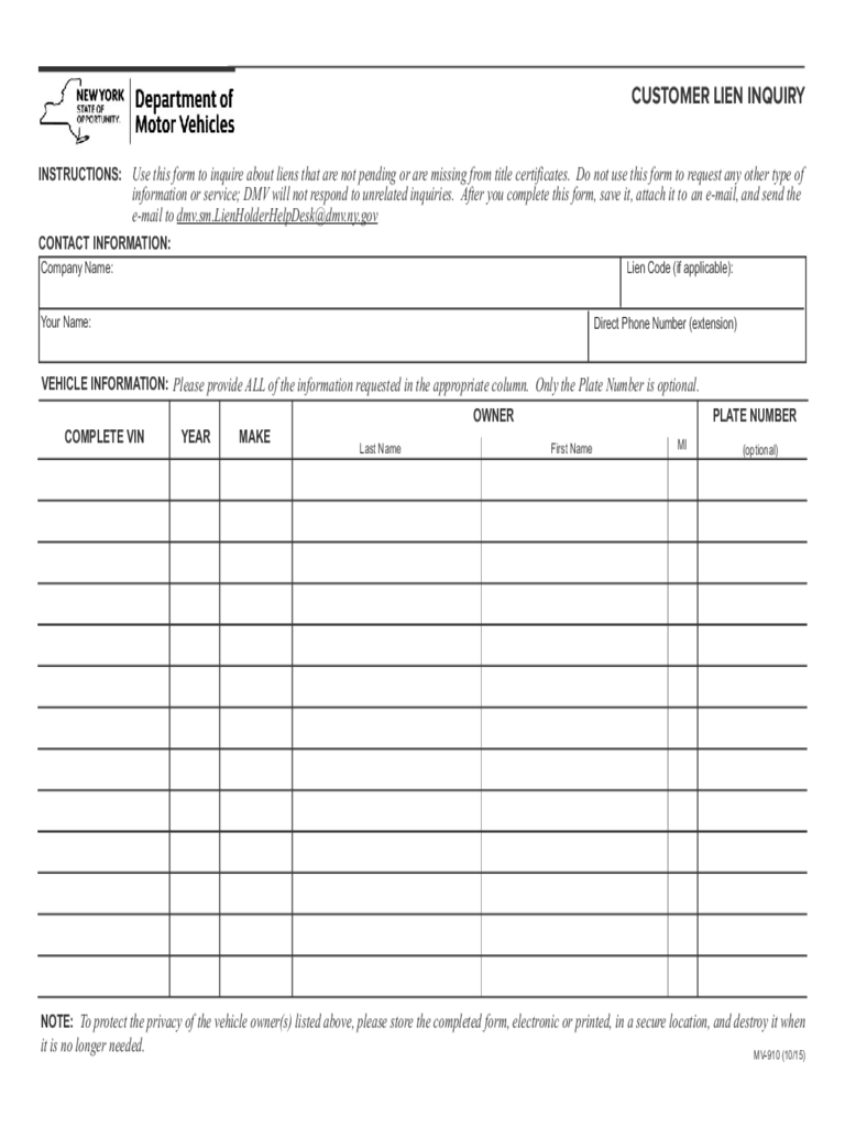 Form MV-910 - Customer Lien Inquiry - New York