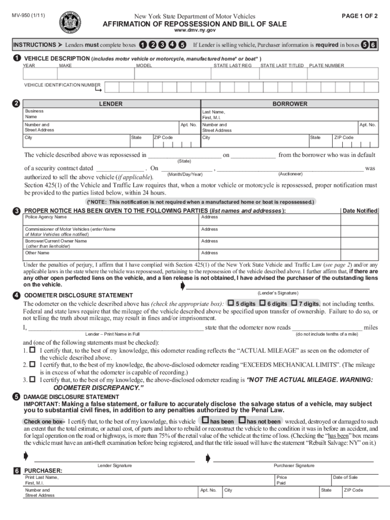 Form MV-950 - Affirmation of Repossession and Bill of Sale - New York