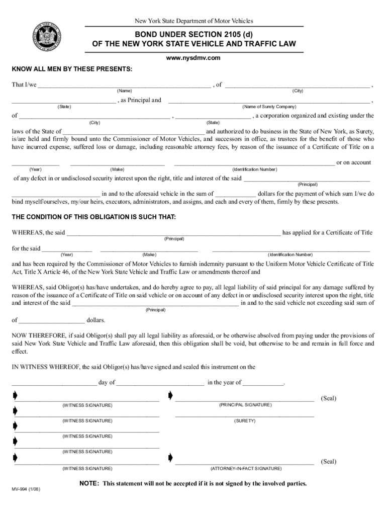 Form MV-994 - Bond Under the State Vehicle and Traffic Law - New York
