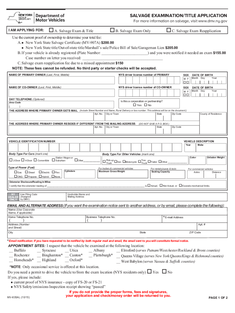 Form MV83-SAL - Salvage Examination/Title Application - New York