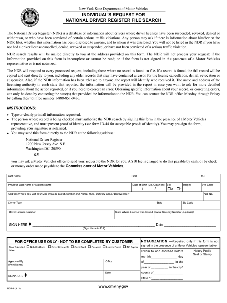 Form NDR-1 - Individual's Request for National Driver Register - New York
