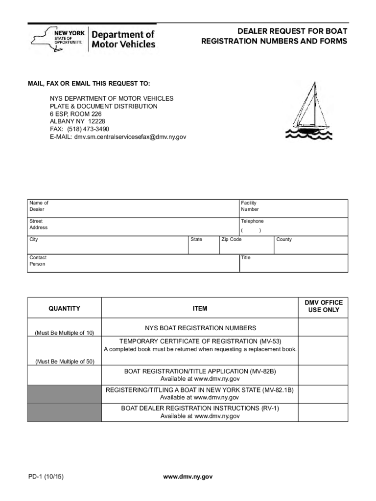 Form PD-1 - Request for Dealer Boat Registration - New York
