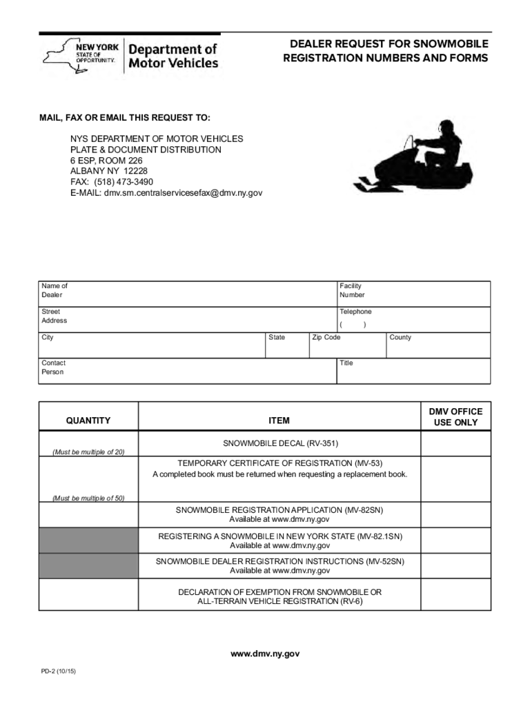 Form PD-2 - Dealer Request for Snowmobile Registration - New York