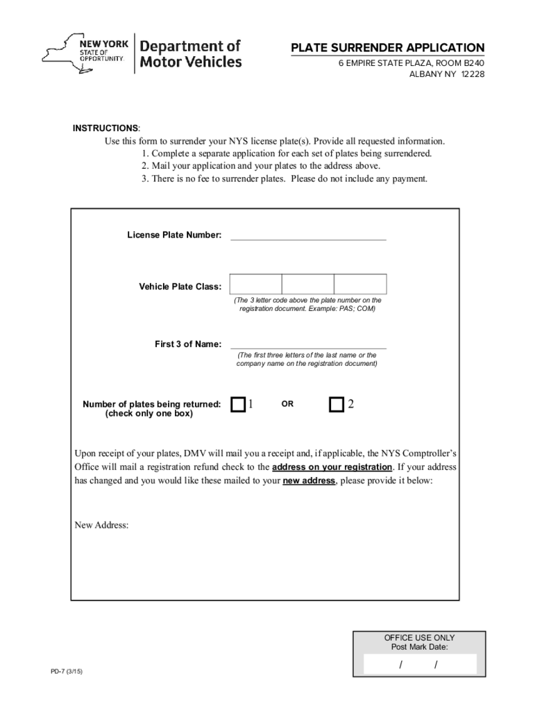 Form PD 7 Plate Surrender Application Form New York Edit Fill 