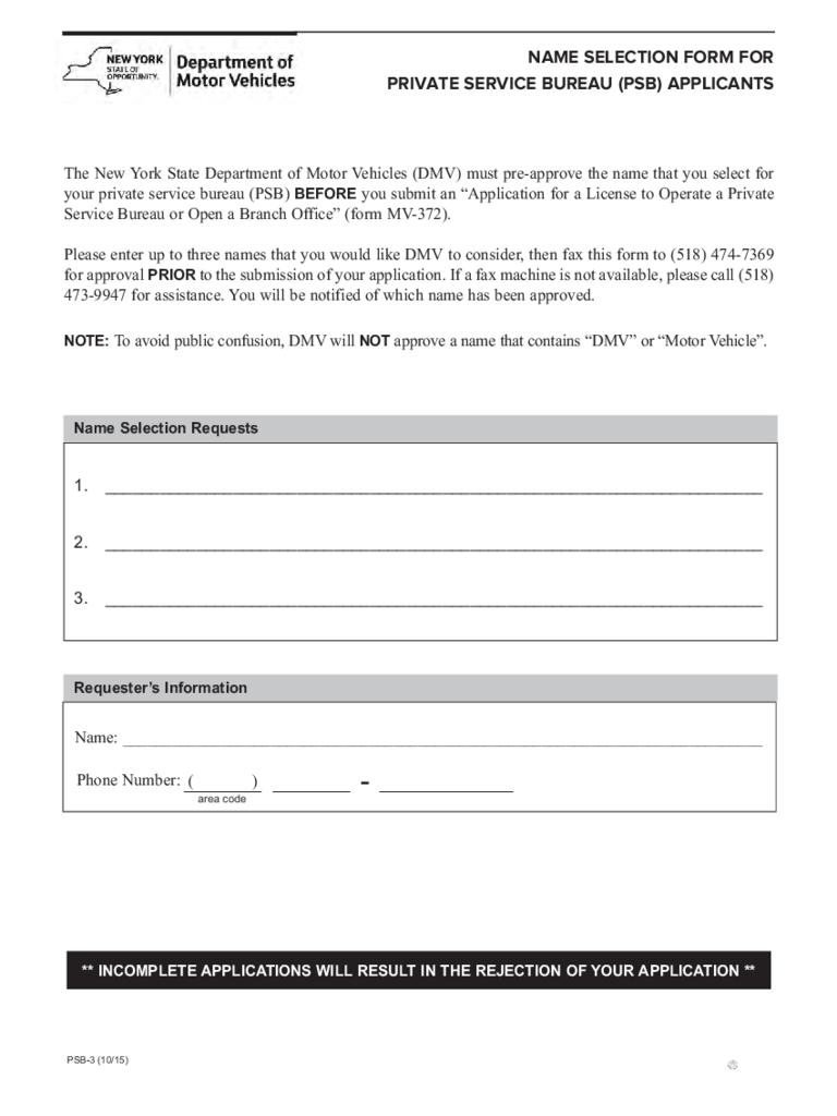 Form PSB-3 - Name Selection for Private Service Bureau Applicants - New York