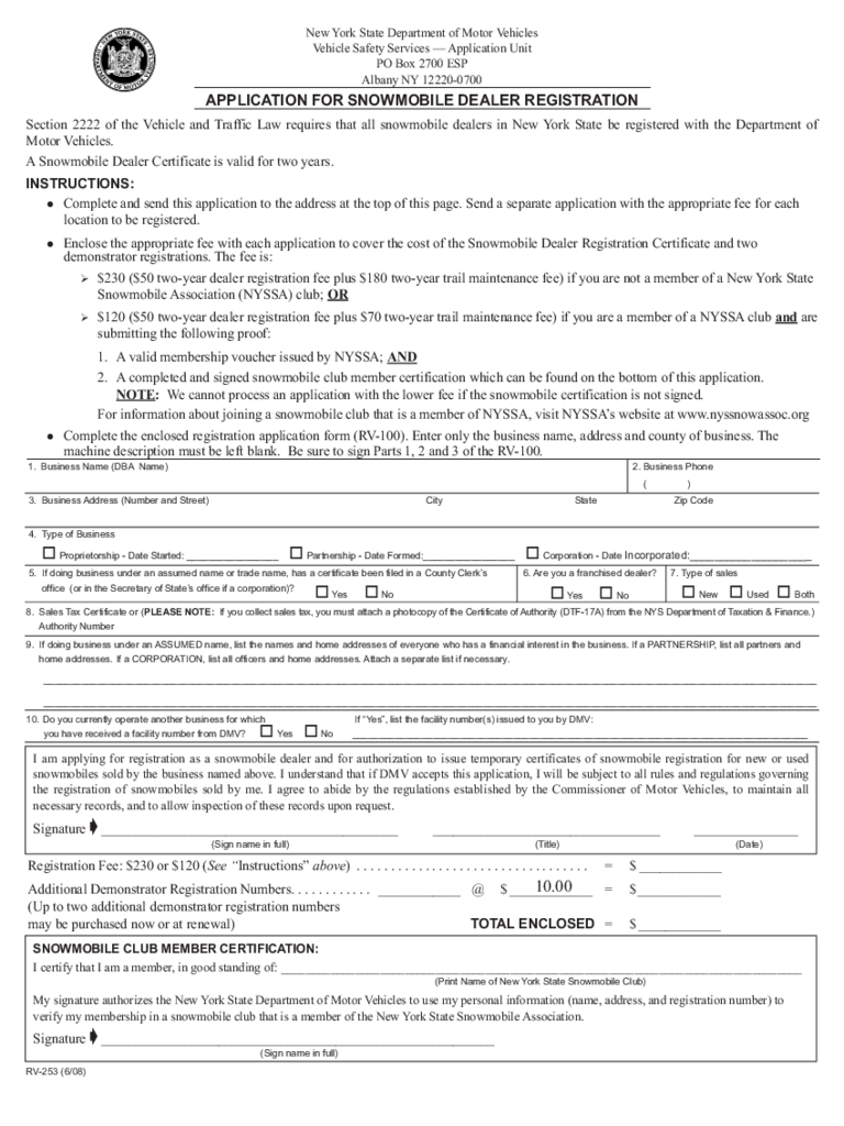 Form RV-253 - Application for Snowmobile Dealer Registration - New York