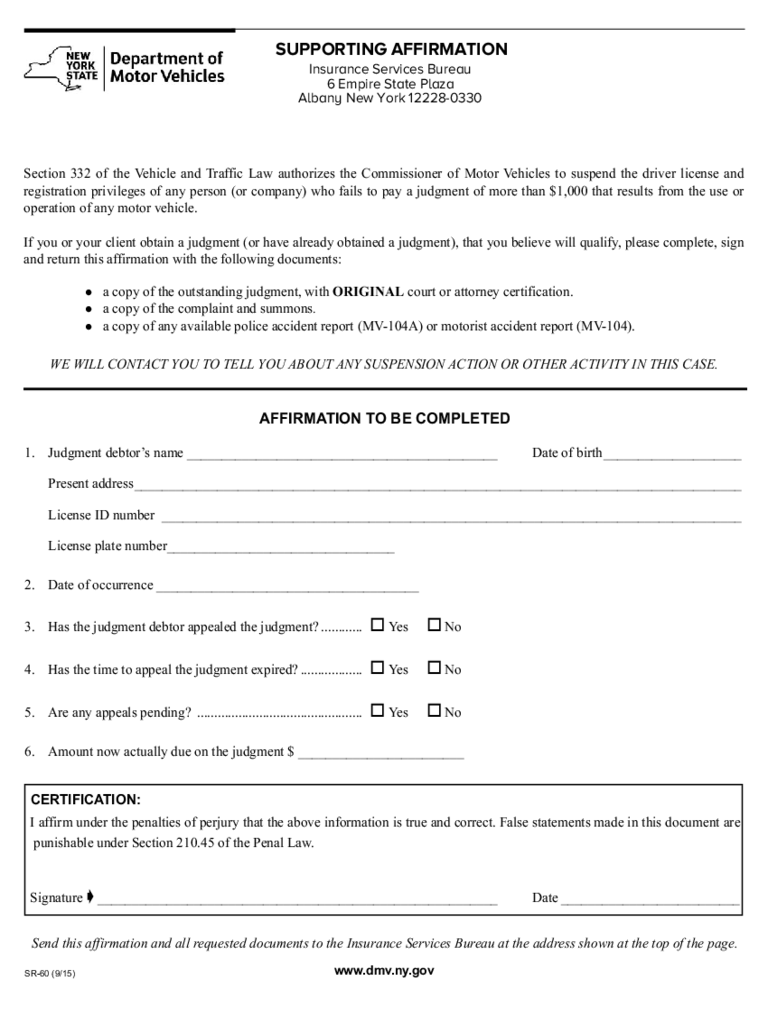 Form SR-60 - Supporting Affirmation - New York