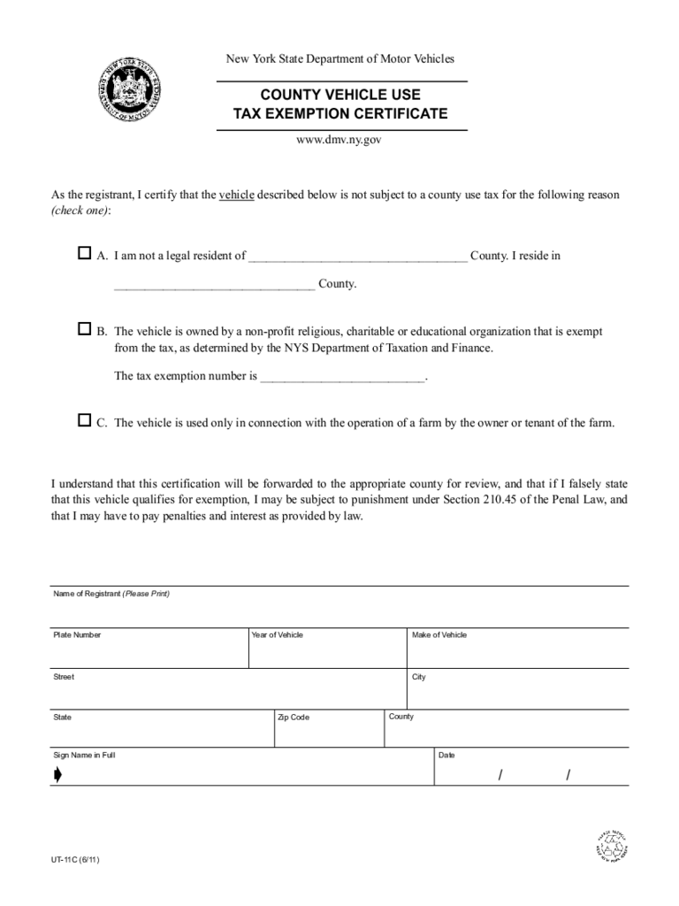 Form UT-11C - County Use Tax Exemption Certificate - New York