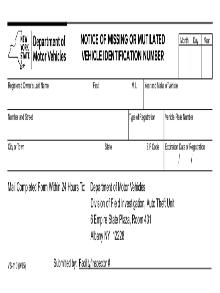 Form VS-110 - Notice of Missing Vehicle Identification Number - New York