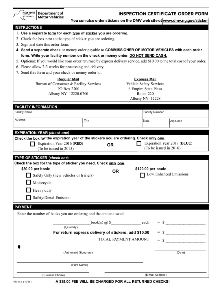 Form VS-113I - Inspection Certificate Order Form - New York