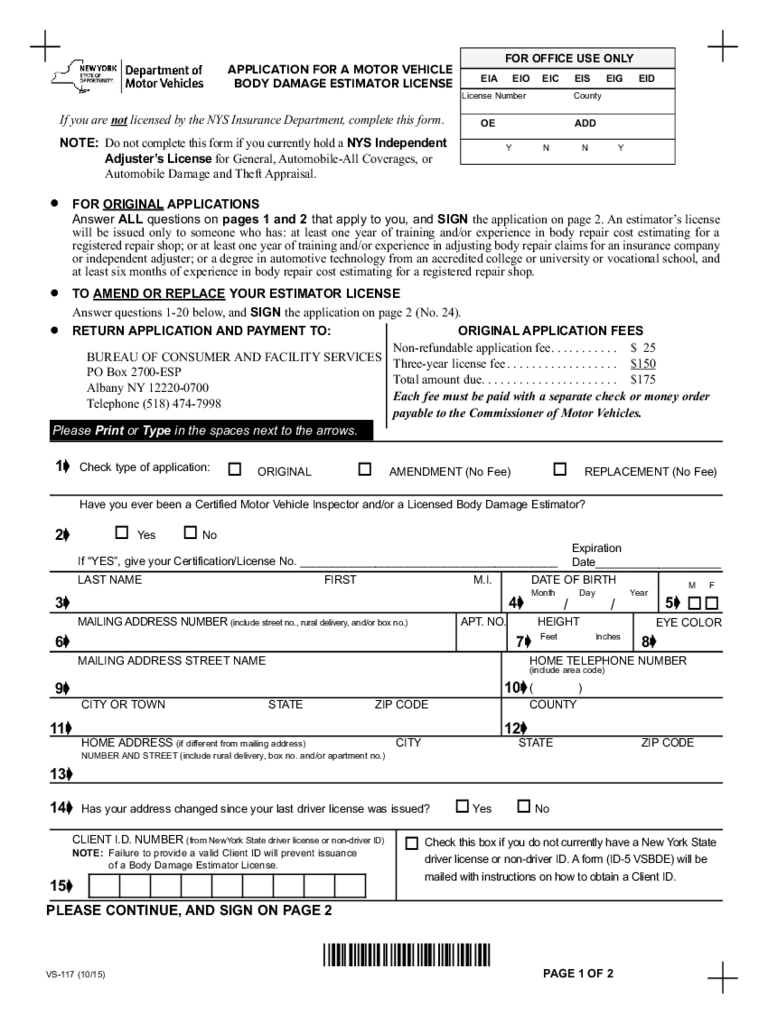 Form VS-117 - Application for a Motor Vehicle Body Damage Estimator License - New York