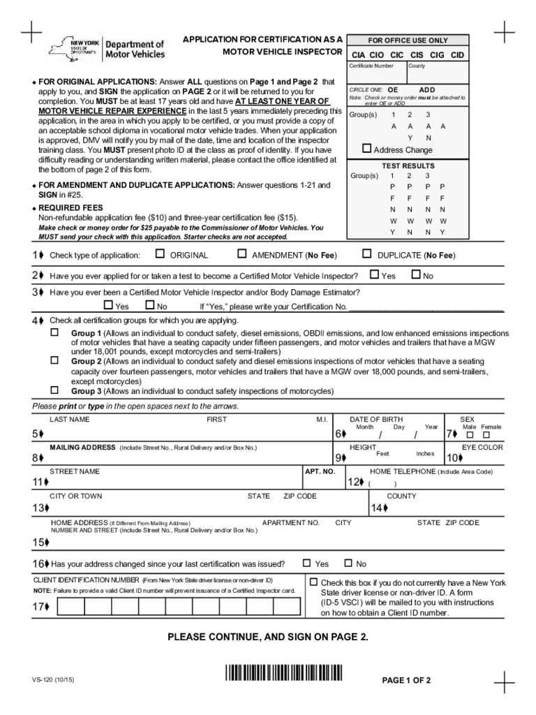 Form VS-120 - Motor Vehicle Inspector Certification Application - New York