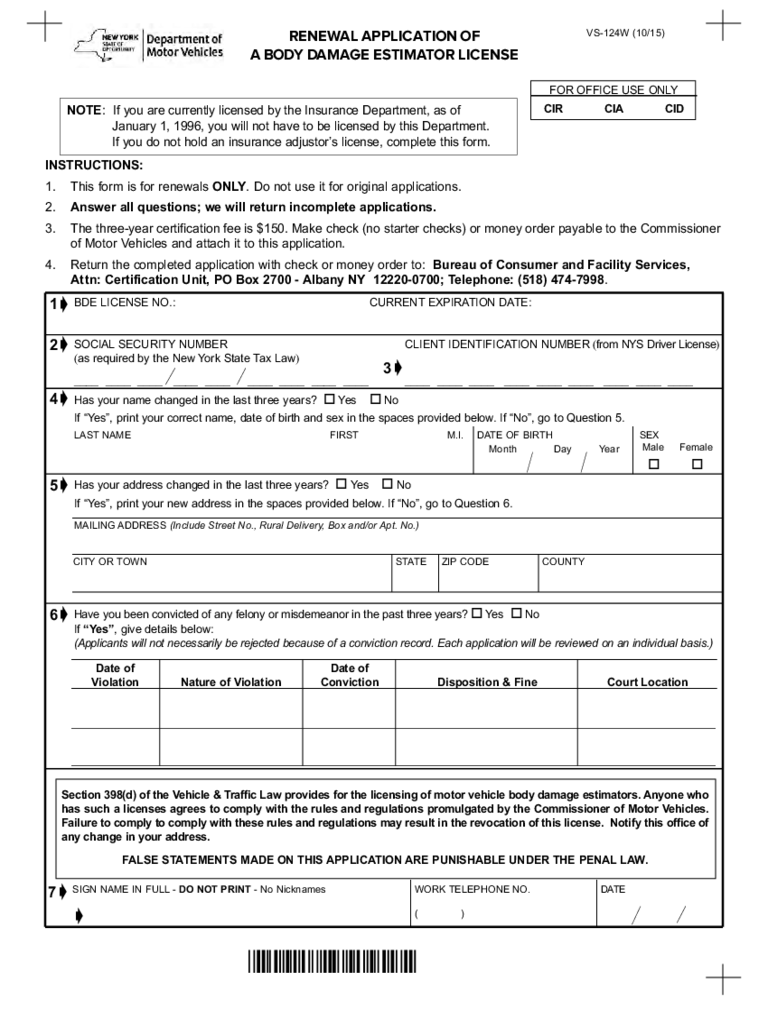 Form VS-124W - Application of a Body Damage Estimator License - New York