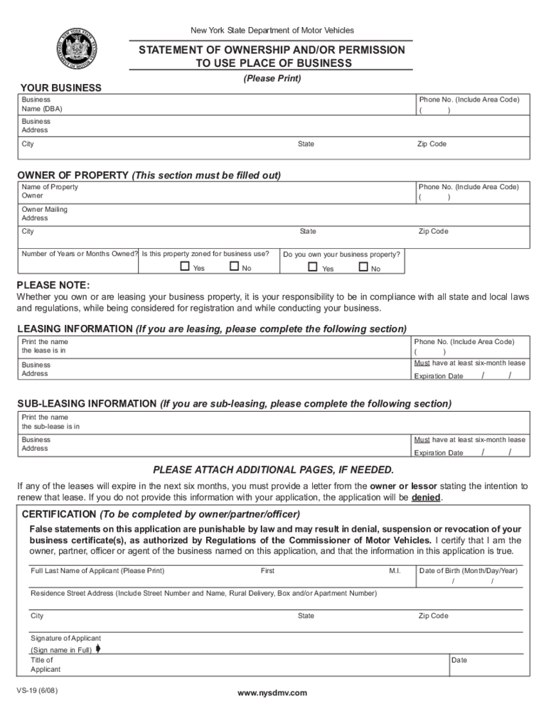 Form VS-19 - Statement of Ownership and/or Permission - New York