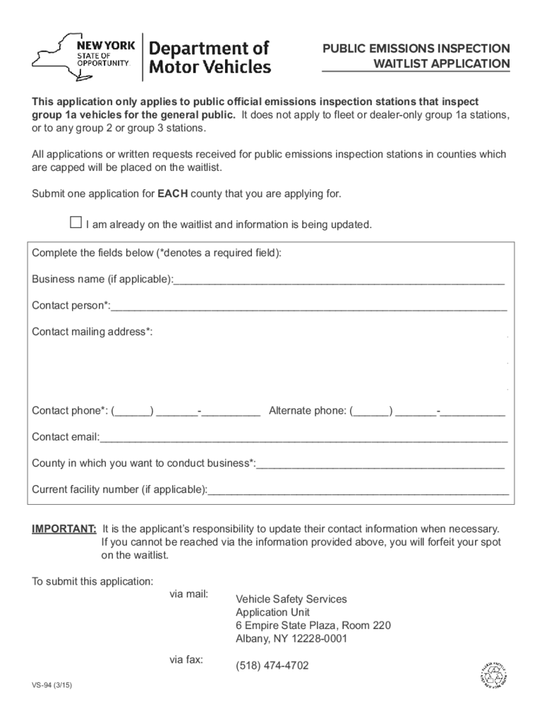 Form VS-94 - Public Emissions Inspection Waitlist Application - New York