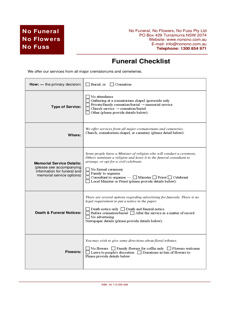 Printable Funeral Planning Checklist