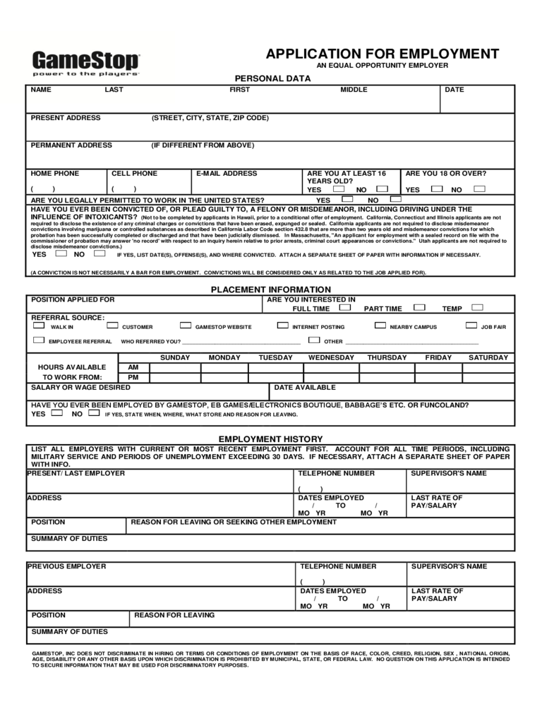 GameStop Application for Employment