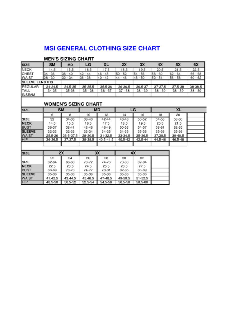General Clothing Size Chart