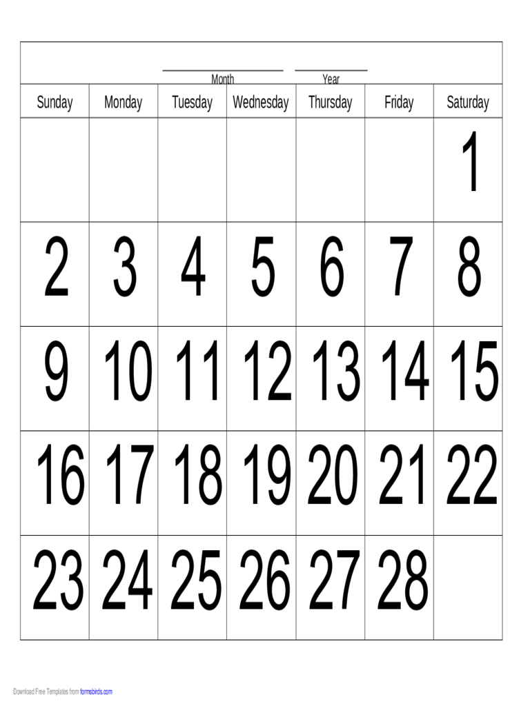 Handwriting Calendar - 28 Day - Saturday