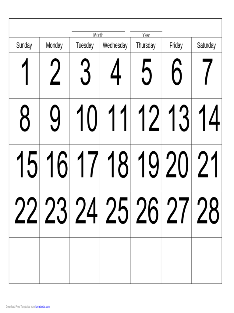 Handwriting Calendar - 28 Day - Sunday