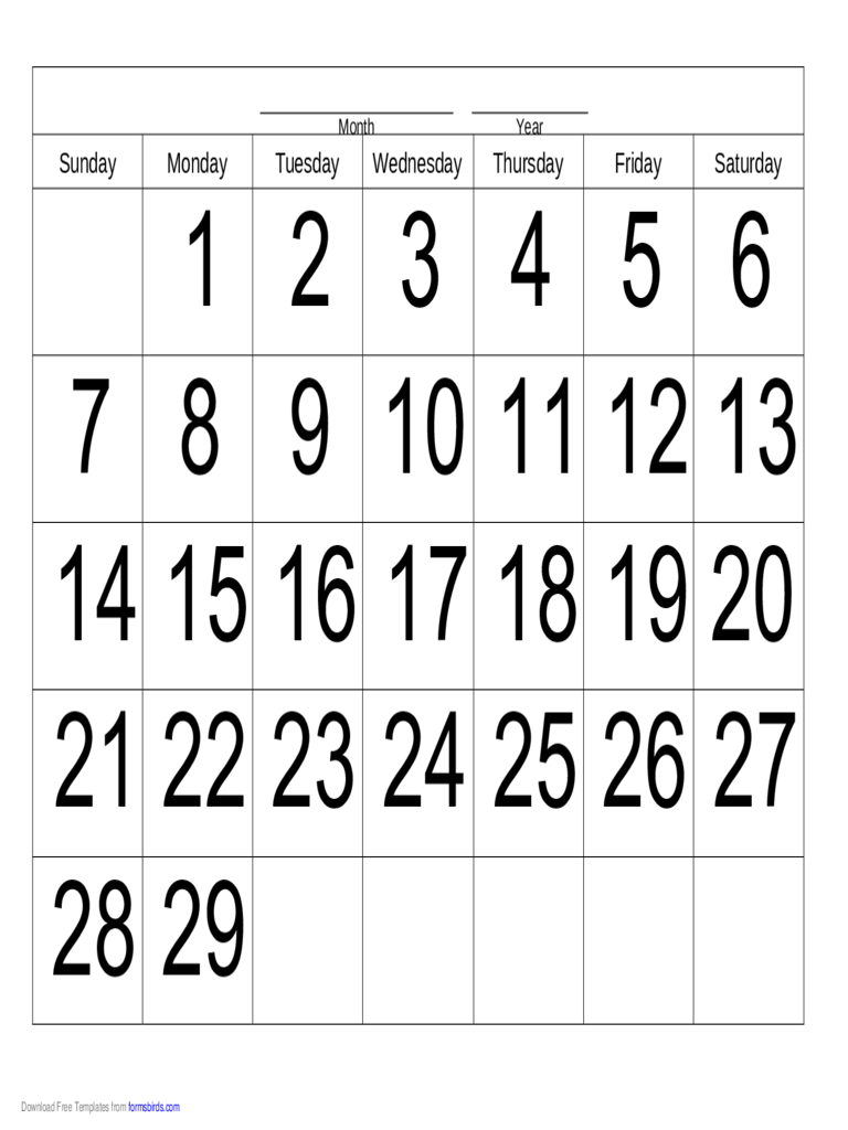 Handwriting Calendar - 29 Day - Monday