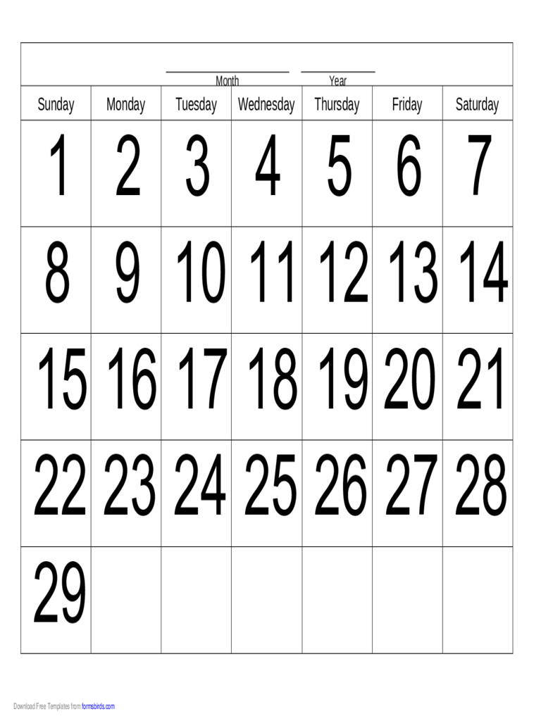 Handwriting Calendar - 29 Day - Sunday