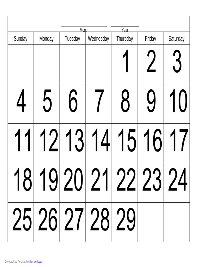 Handwriting Calendar - 29 Day - Thursday
