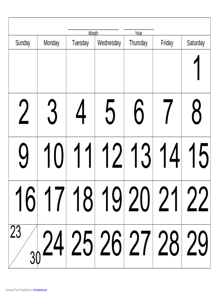 Handwriting Calendar - 30 Day - Saturday