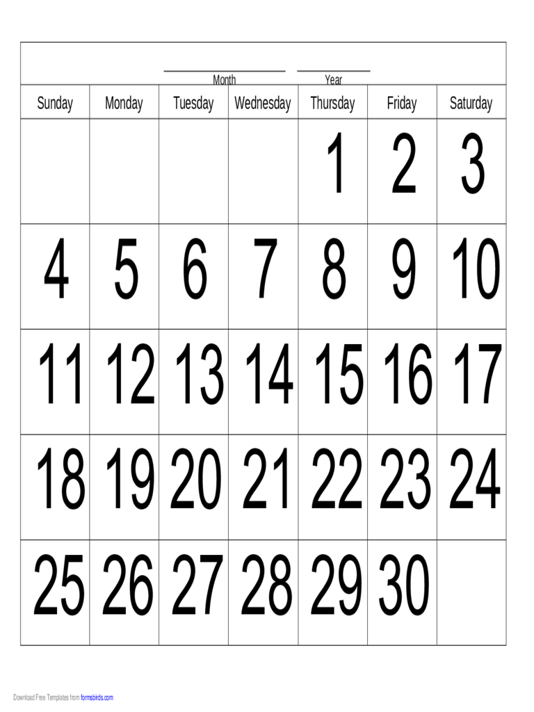 Handwriting Calendar - 30 Day - Thursday