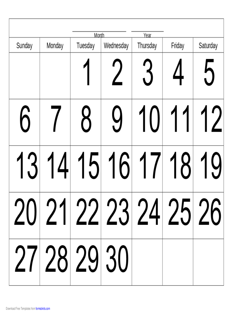 Handwriting Calendar - 30 Day - Tuesday